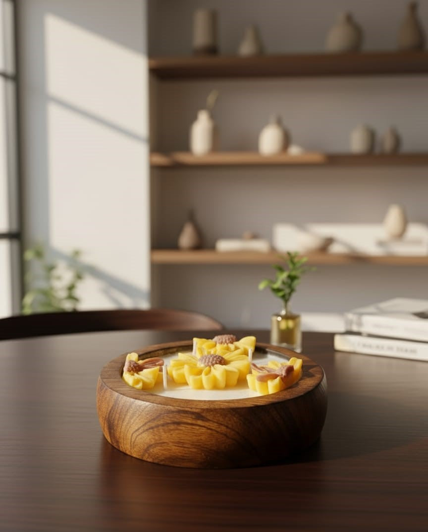 Golden Bloom – Wooden Floral Candle